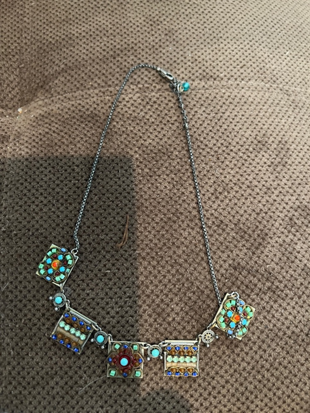 Multicolor Enamel Tile Necklace with Turquoise & Red Accents sterling silver 16”